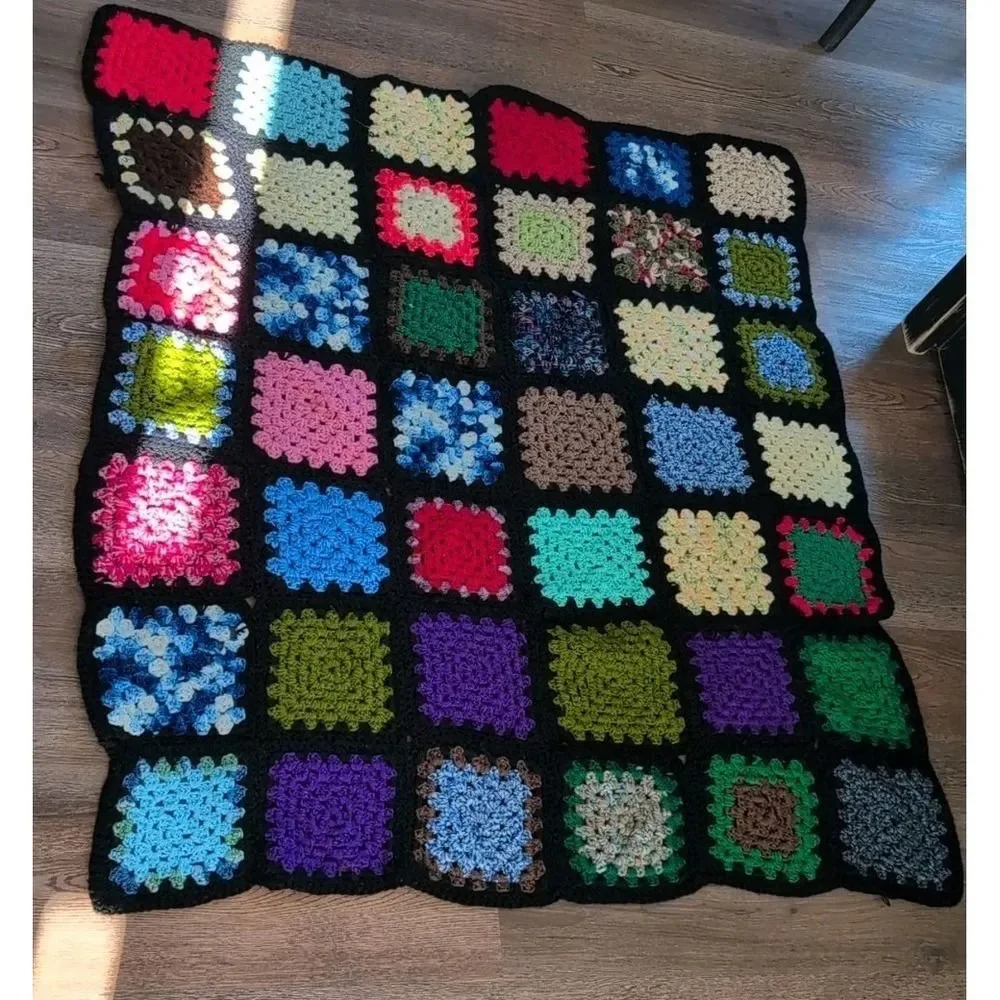 vintage granny square crochet AFGHAN throw blanket decor boho chic 44
